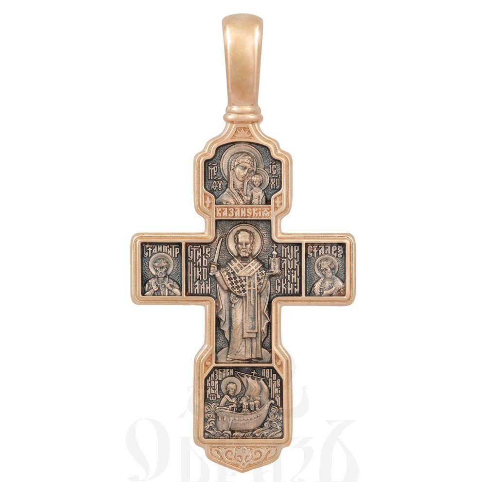 крест «распятие христово. архангел михаил. николай чудотворец. казанская икона.», золото 585 проба красное (арт. 201.559-1)